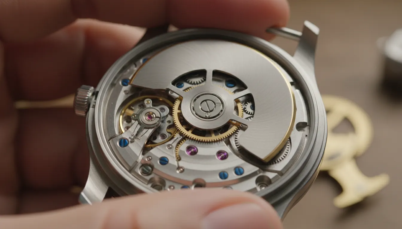 Automatic watch movement showing weighted rotor mechanism that winds mainspring through wrist motion