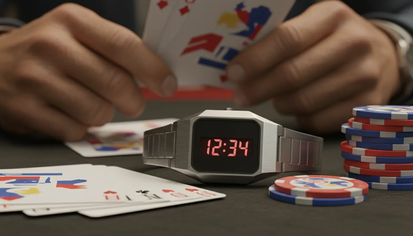 1970s LED watch with red digital display and angular steel case next to playing cards and casino chips