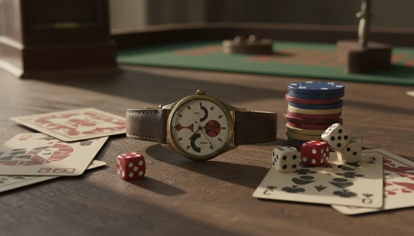 Casino themed vintage watch surrounded by playing cards and dice
