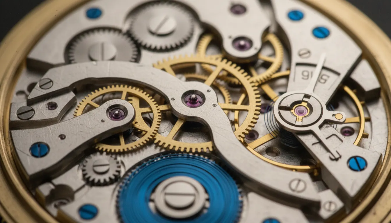 Close-up photograph of exposed mechanical watch movement showing gears and springs