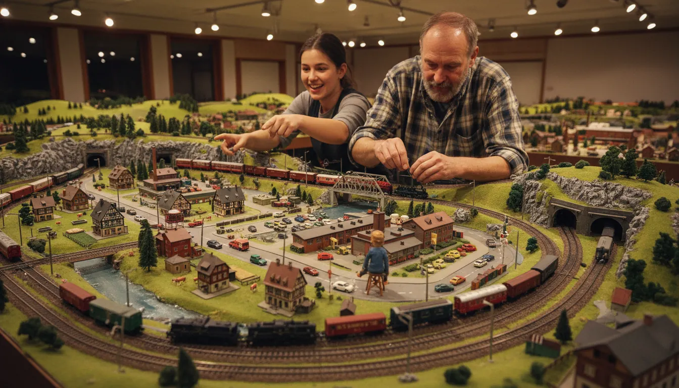 Detailed HO scale model railroad layout with miniature trains, buildings, and realistic scenery
