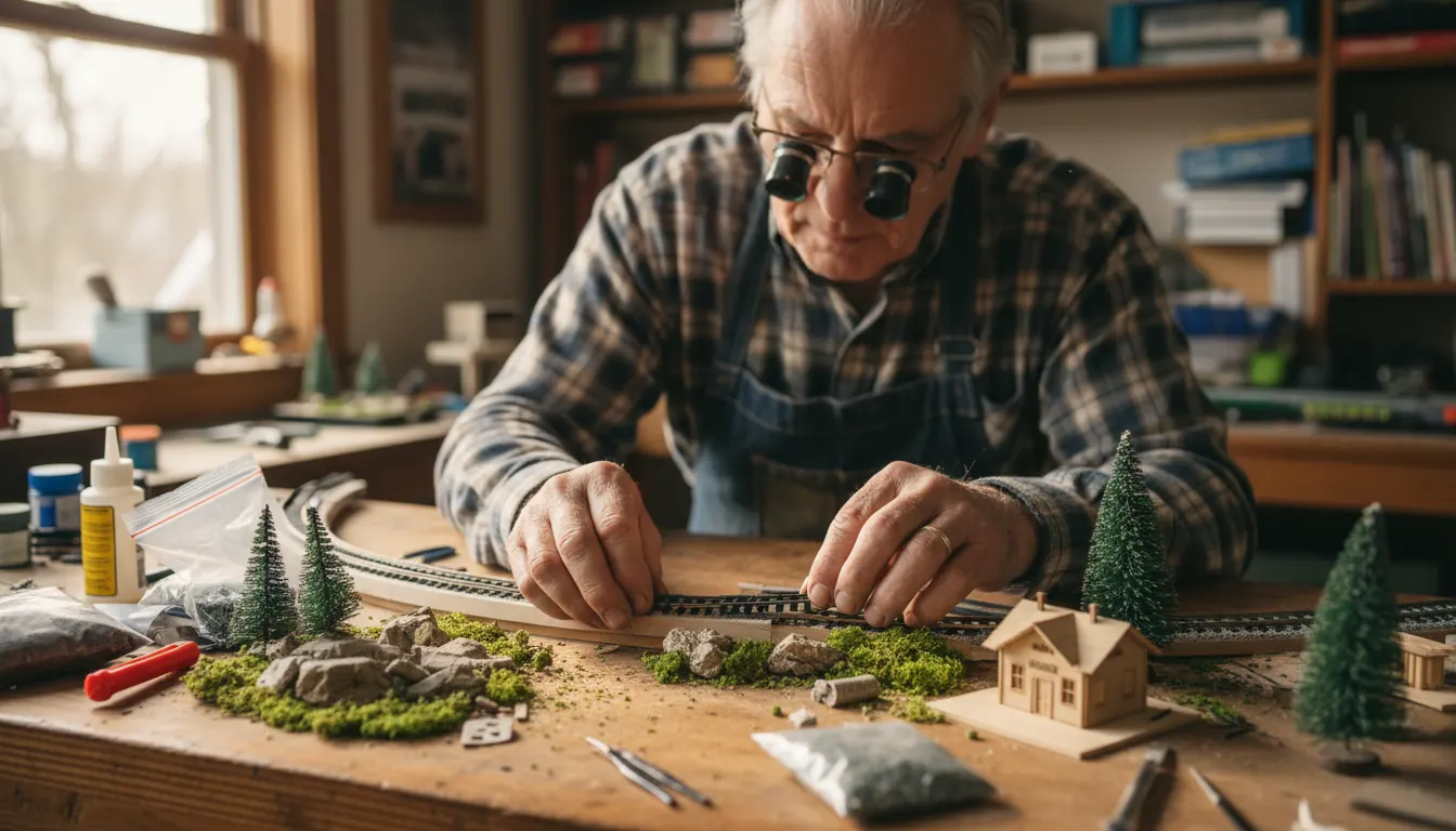 A hobbyist working at a wooden workbench, carefully laying track and applying scenery materials to a model railroad layout