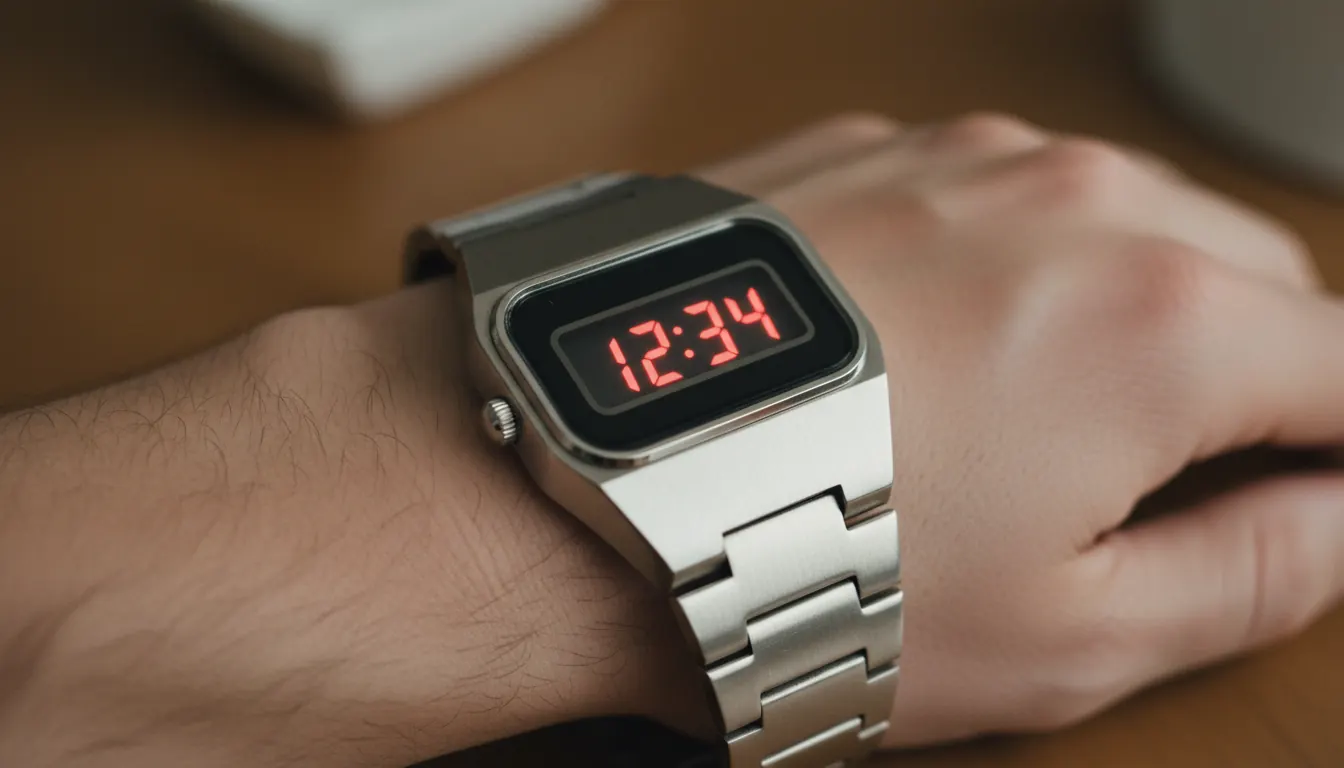 Vintage LED watch from 1970s with red digital display showing time on stainless steel bracelet