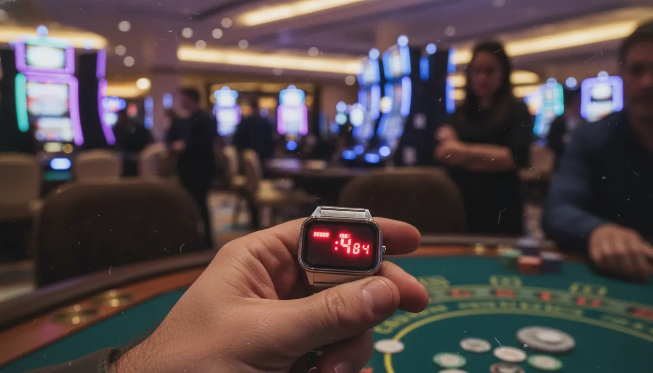 Vintage LED watch with red display illuminated against casino interior
