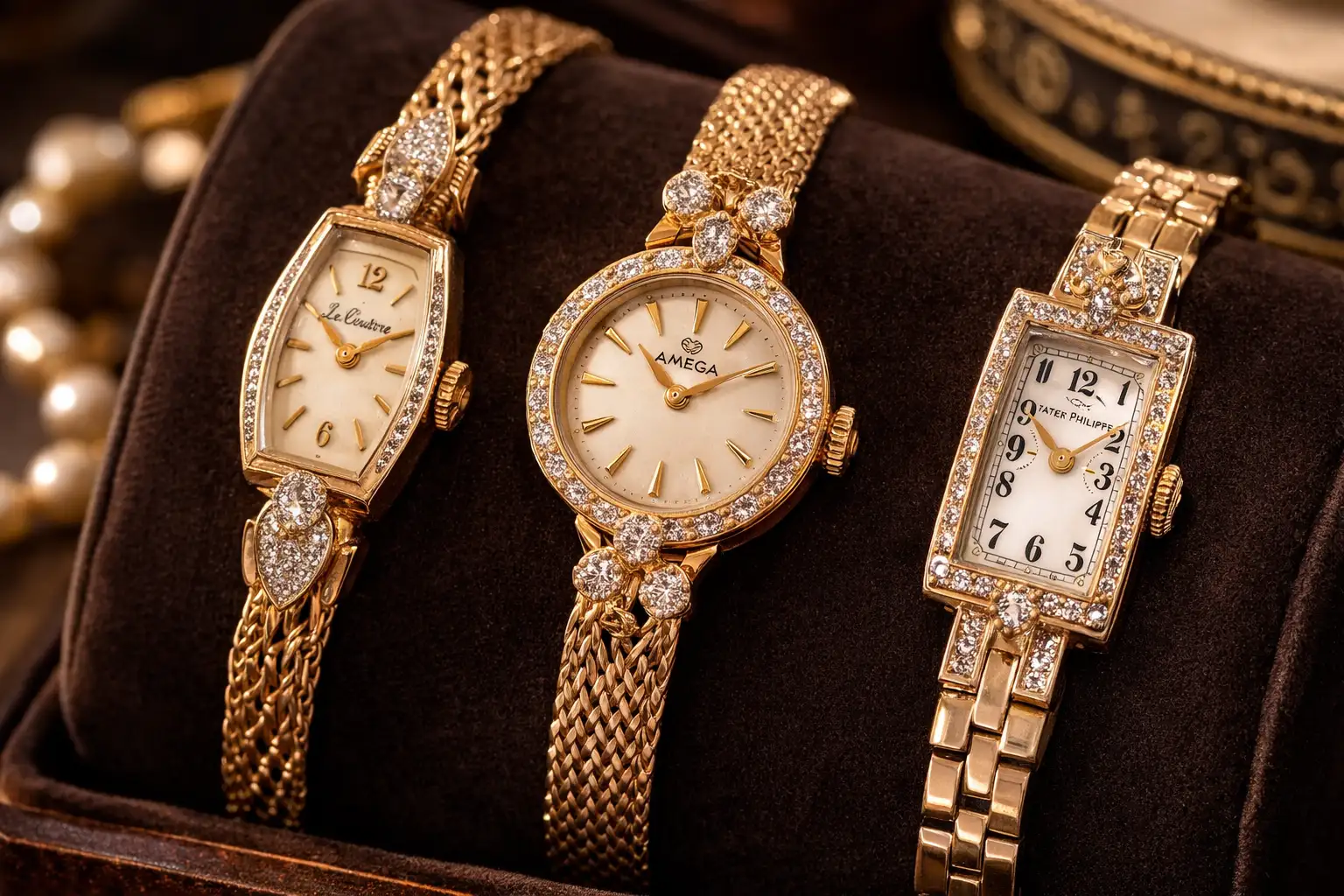 A close-up of three vintage gold women's wristwatches with diamond-set bezels and enamel dials arranged on a dark velvet jewellery display