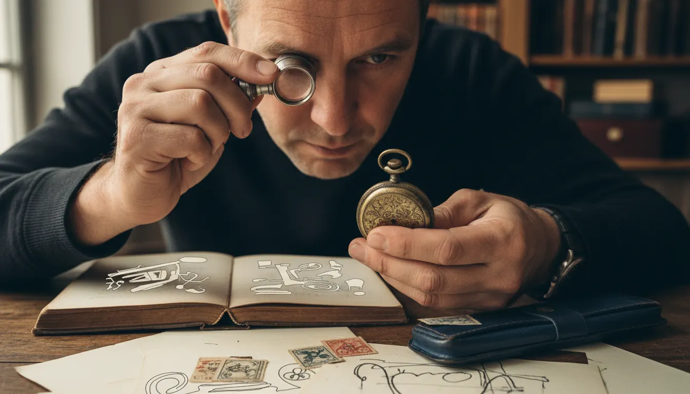 Watch collector examining vintage timepiece with magnifying loupe and documentation papers